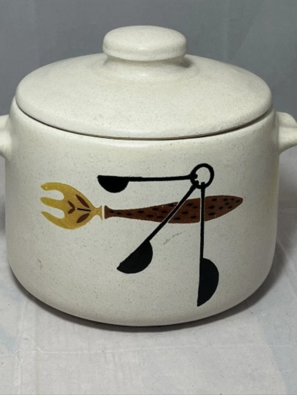 Cream Stoneware Covered Bean Dish with Spoon & Fork Motif